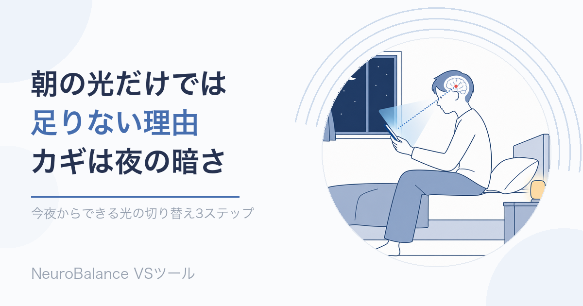 夜の寝室でベッドに腰かけスマホを見る人。画面の青い光が目から脳へ届いている様子のイラスト。見出しは「朝の光だけでは足りない理由 カギは夜の暗さ」
