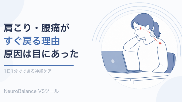 ノートパソコンに向かい首の後ろを押さえる女性のイラスト。目もとから肩へ点線がつながり、目の疲れが肩こりにつながることを示している。見出しは「肩こり・腰痛がすぐ戻る理由 原因は目にあった」