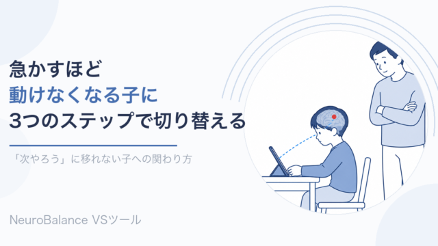 「次やろう」に移れない子への関わり方のアイキャッチ画像。タブレットを見る子どもの脳内が光り、隣で父親が見守っている。急かすほど動けなくなる子に3つのステップで切り替えを助ける記事