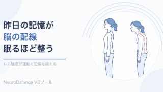 姿勢の良い人と猫背の人の背骨を比較しながら「昨日の記憶が脳の配線、眠るほど整う」と伝えるアイキャッチ画像