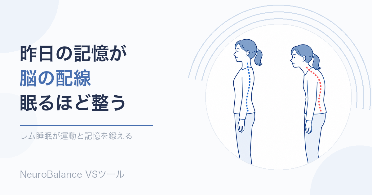 姿勢の良い人と猫背の人の背骨を比較しながら「昨日の記憶が脳の配線、眠るほど整う」と伝えるアイキャッチ画像