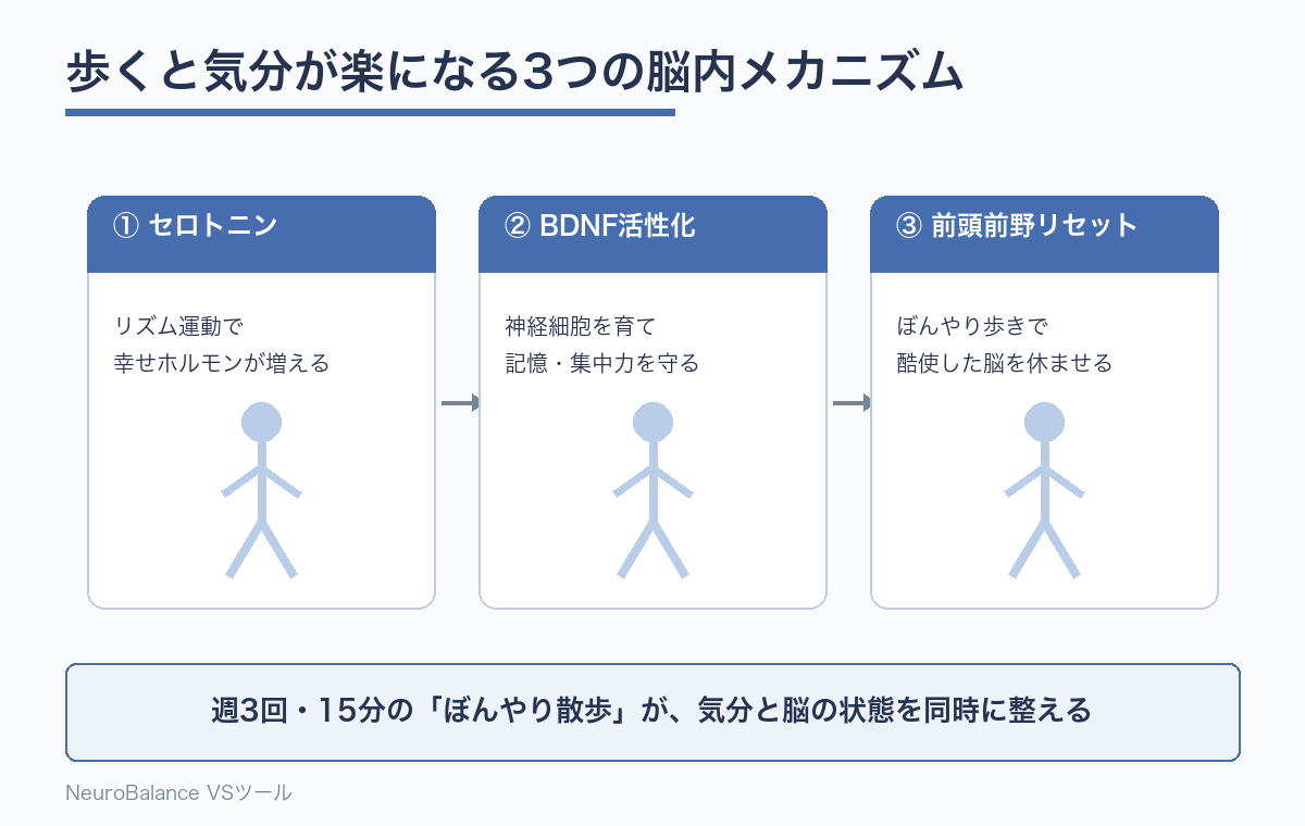 歩行がセロトニン・BDNF・前頭前野リセットの3つの脳内メカニズムを通じて気分と脳の状態を整える流れを示した図解