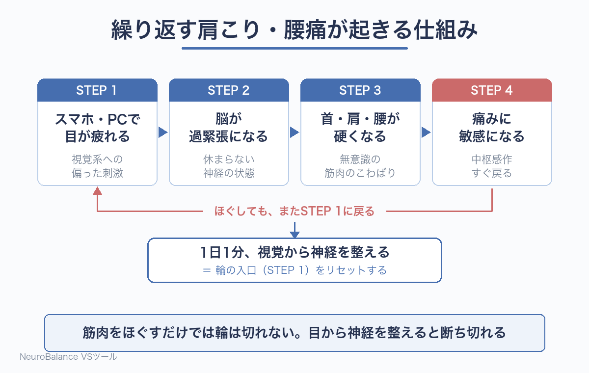 繰り返す肩こり・腰痛の悪循環を示した図。スマホやPCで目が疲れる、脳が過緊張になる、首・肩・腰が硬くなる、痛みに敏感になる(中枢感作)の4段階が輪になっており、ほぐしても最初に戻ることを示す。1日1分の視覚刺激で輪の入口をリセットできる