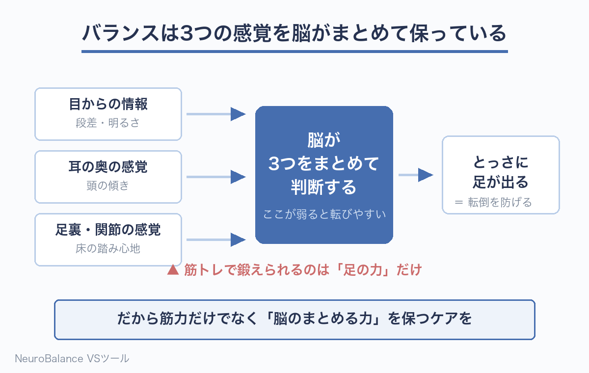 目からの情報・耳の奥の感覚・足裏や関節の感覚という3つの感覚を脳がまとめて判断し、とっさに足が出ることで転倒を防いでいる仕組みを示した図