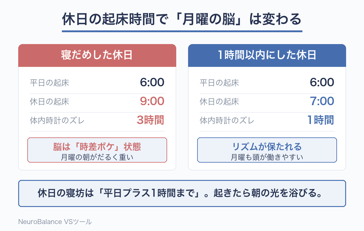 平日6時起きの人が休日に9時まで寝ると体内時計が3時間ずれて月曜の朝がだるくなるのに対し、休日の起床を7時にとどめるとズレは1時間で収まりリズムが保たれることを左右で比較した図