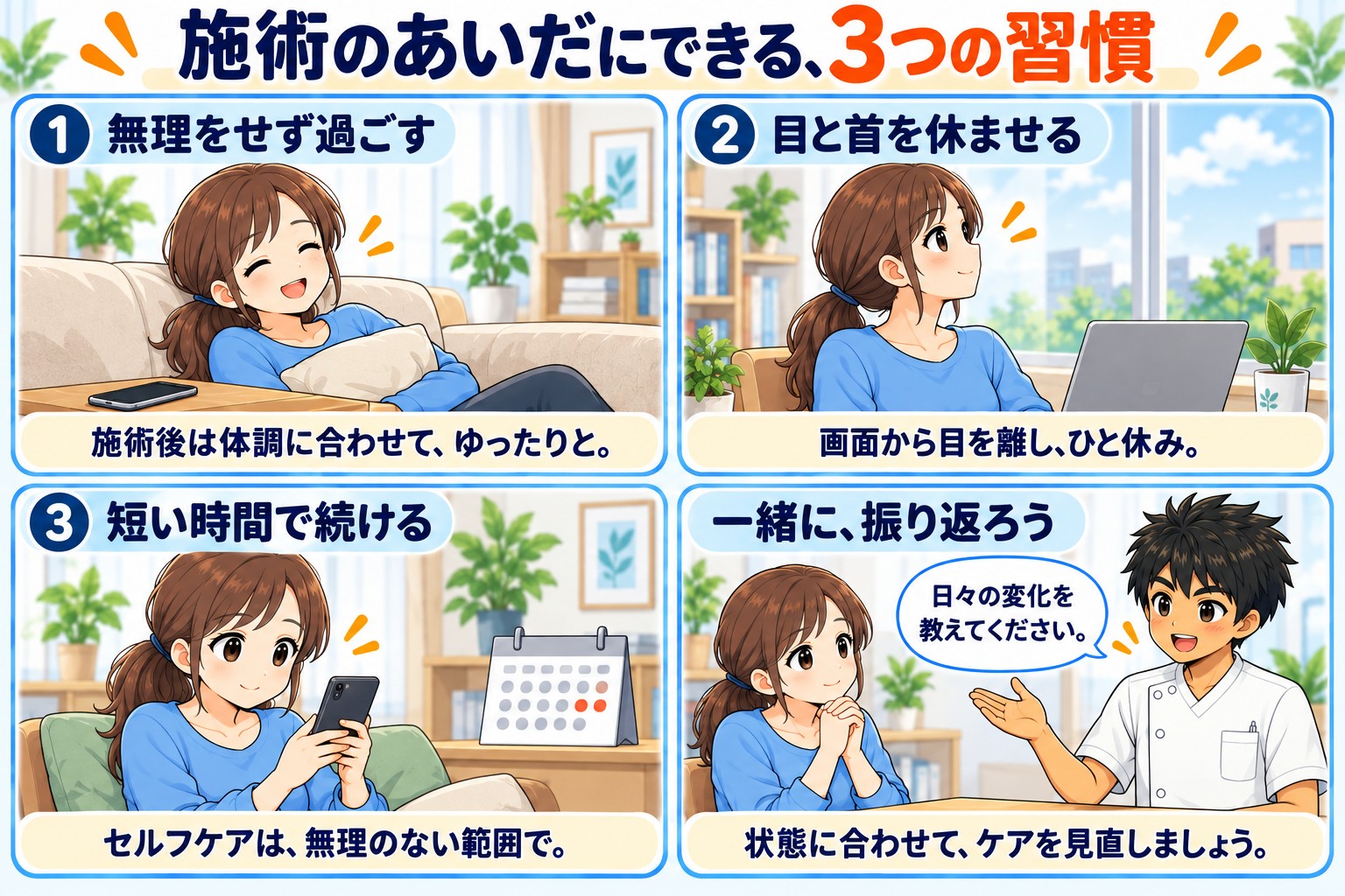 施術のあいだにできる3つの習慣を示した図。①無理をせず過ごす②目と首を休ませる③短い時間で続ける