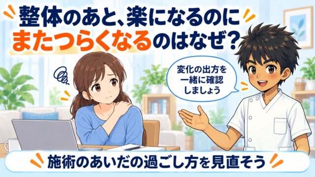 整体のあと楽になるのにまたつらくなるのはなぜ？という記事のアイキャッチ画像。肩を押さえる女性に施術者が「変化の出方を一緒に確認しましょう」と話しかけ、施術のあいだの過ごし方を見直そうと伝えている