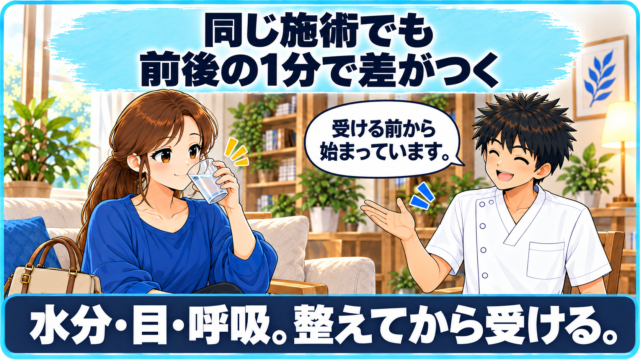 水を飲む女性と「受ける前から始まっています」と話す施術者のイラスト