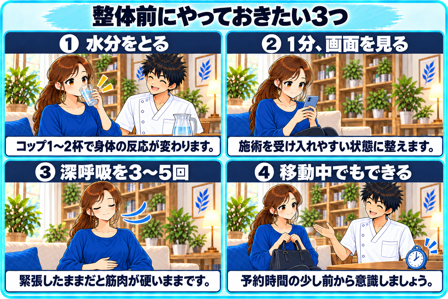 整体の前にやっておきたい水分・1分の視聴・深呼吸の3つを4コマで示した図