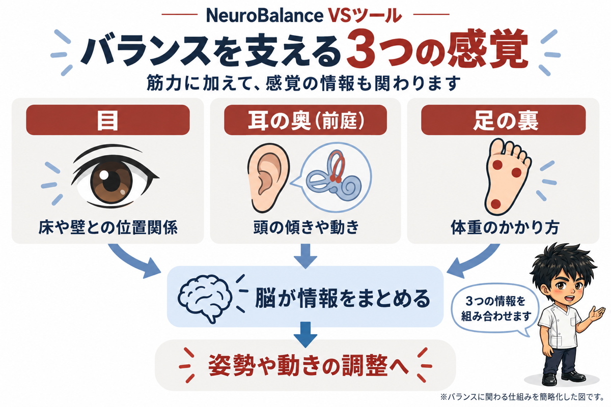 バランスを支える3つの感覚。目（床や壁との位置関係）、耳の奥の前庭（頭の傾きや動き）、足の裏（体重のかかり方）の情報を脳がまとめ、姿勢や動きを調整する