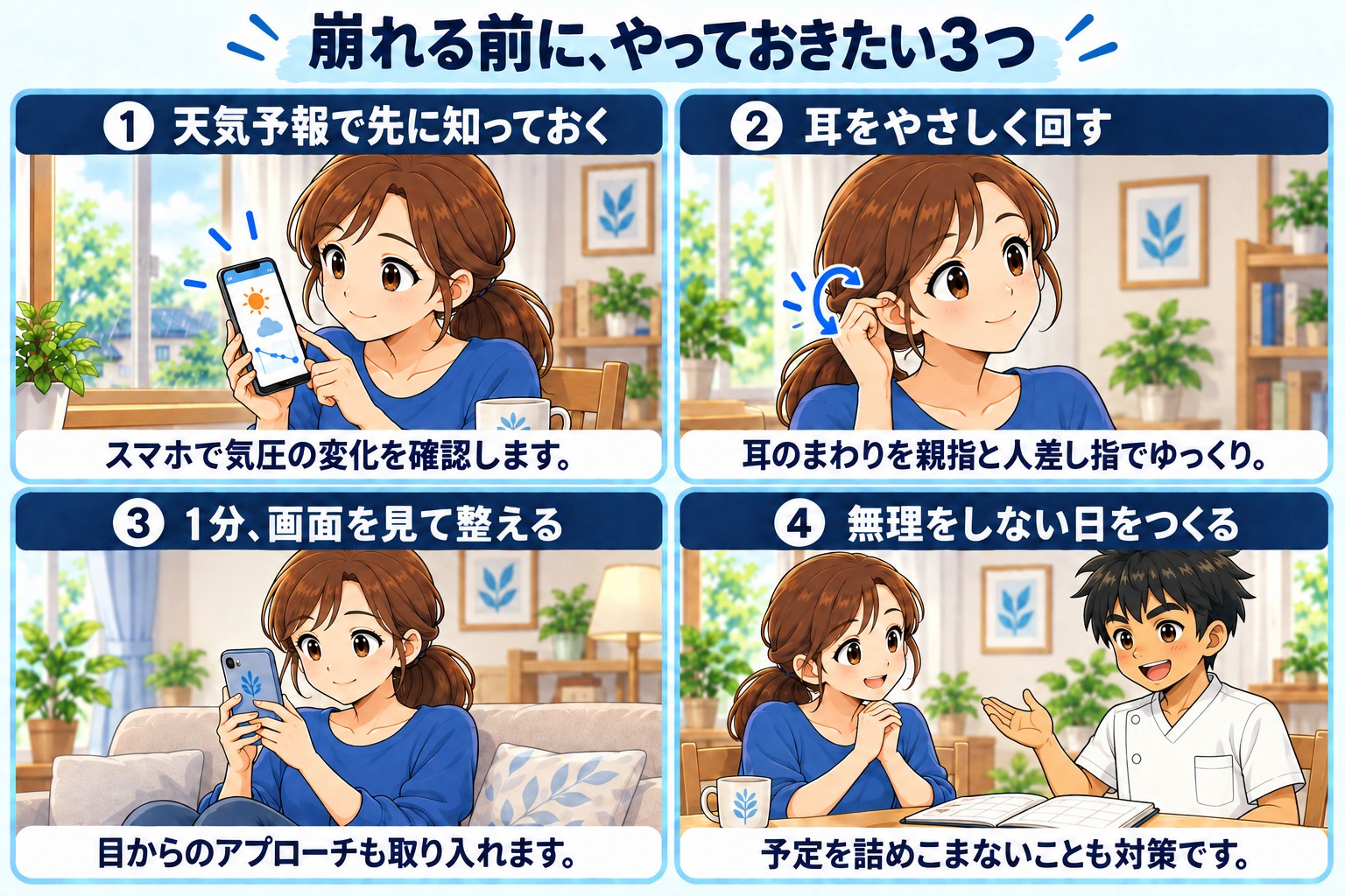崩れる前にやっておきたい3つの図。①天気予報で先に知っておく(スマホで気圧の変化を確認)②耳をやさしく回す(耳のまわりを親指と人差し指でゆっくり)③1分画面を見て整える(目からのアプローチも取り入れる)④無理をしない日をつくる(予定を詰めこまないことも対策)