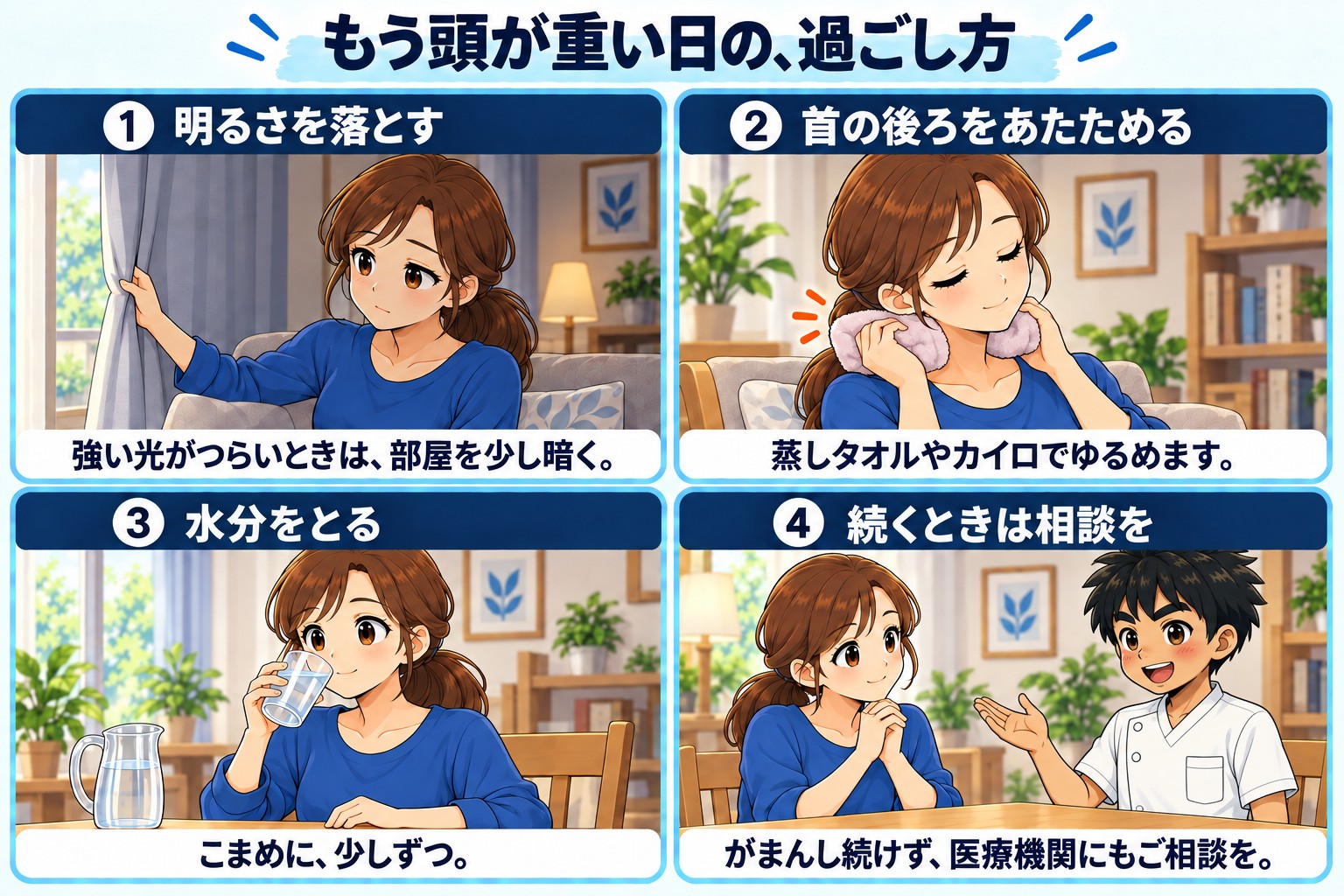 もう頭が重い日の過ごし方の図。①明るさを落とす(強い光がつらいときは部屋を少し暗く)②首の後ろをあたためる(蒸しタオルやカイロでゆるめる)③水分をとる(こまめに少しずつ)④続くときは相談を(がまんし続けず医療機関にも相談を)