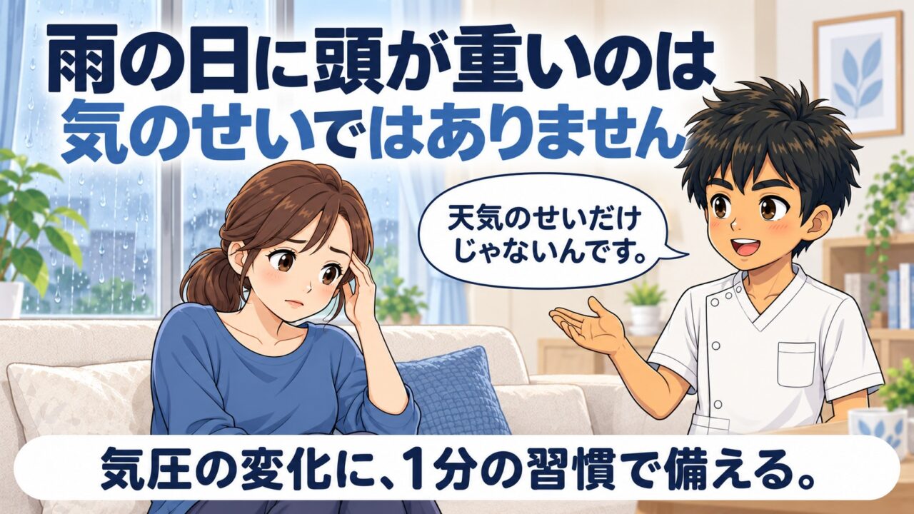 雨の日に頭が重いのは気のせいではありません、というアイキャッチ画像。雨の窓辺でこめかみを押さえる女性に施術者が「天気のせいだけじゃないんです」と話しかけ、気圧の変化に1分の習慣で備えると伝えている