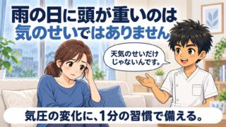 雨の日に頭が重いのは気のせいではありません、というアイキャッチ画像。雨の窓辺でこめかみを押さえる女性に施術者が「天気のせいだけじゃないんです」と話しかけ、気圧の変化に1分の習慣で備えると伝えている
