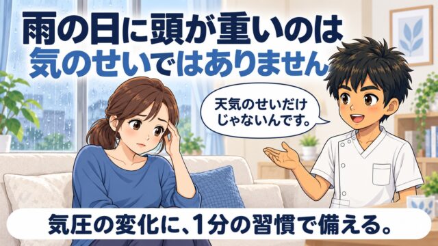 雨の日に頭が重いのは気のせいではありません、というアイキャッチ画像。雨の窓辺でこめかみを押さえる女性に施術者が「天気のせいだけじゃないんです」と話しかけ、気圧の変化に1分の習慣で備えると伝えている