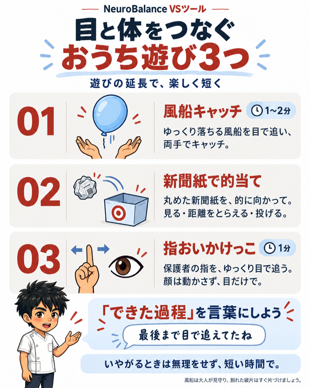 目と体をつなぐおうち遊び3つ。01風船キャッチ1〜2分、02新聞紙で的当て、03指おいかけっこ1分。できた過程を言葉にしよう