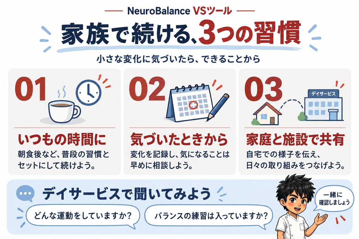 家族で続ける3つの習慣。いつもの時間に、気づいたときから記録と相談、家庭と施設で様子を共有