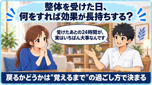 整体を受けた日、何をすれば効果が長持ちする？をテーマにしたサムネイル画像。悩む女性と説明する施術者のイラスト