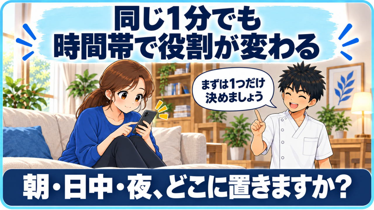 ソファでスマホを見る女性と「まずは1つだけ決めましょう」と話す施術者のイラスト