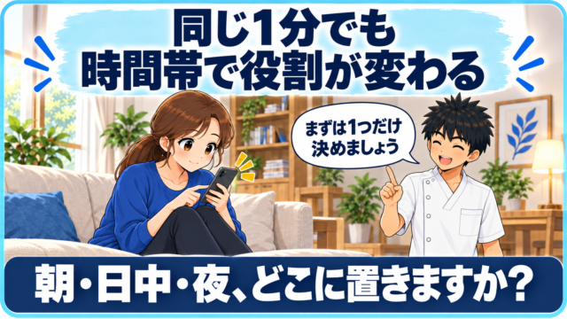 ソファでスマホを見る女性と「まずは1つだけ決めましょう」と話す施術者のイラスト