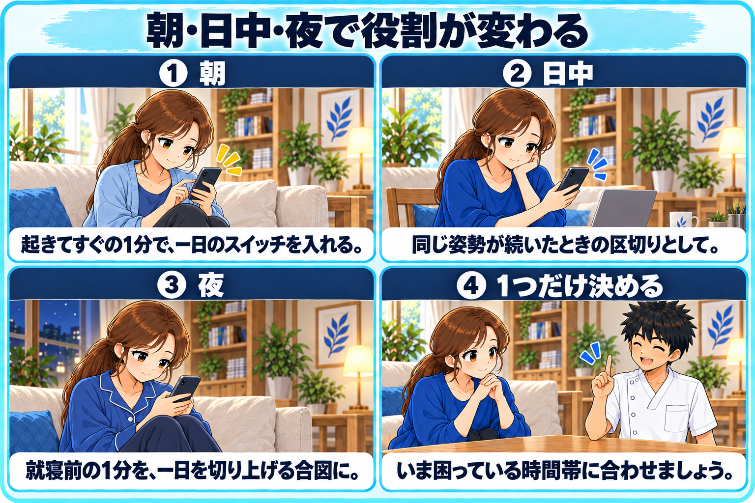 朝・日中・夜それぞれで1分視聴の役割が変わることを4コマで示した図