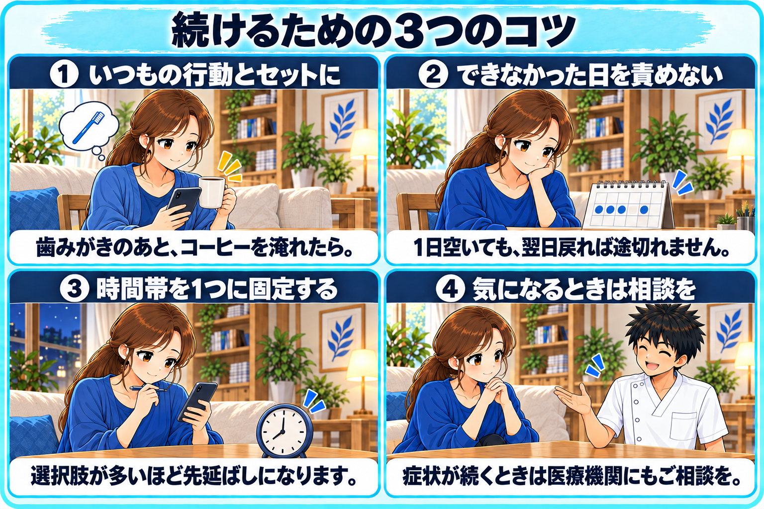 いつもの行動とセットにする、できなかった日を責めない、時間帯を1つに固定する、という続けるコツを4コマで示した図