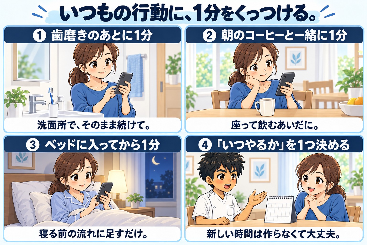 いつもの行動に1分をくっつけることを示した図。①歯磨きのあとに1分(洗面所でそのまま続けて)②朝のコーヒーと一緒に1分(座って飲むあいだに)③ベッドに入ってから1分(寝る前の流れに足すだけ)④いつやるかを1つ決める(新しい時間は作らなくて大丈夫)