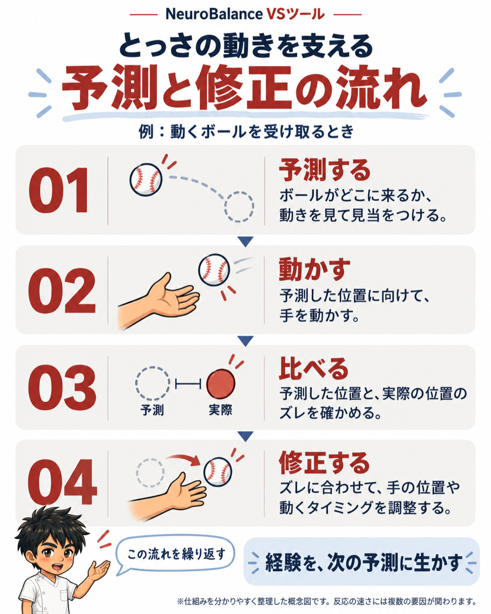 とっさの動きを支える予測と修正の流れ。動くボールを受け取る例で、01予測する、02動かす、03予測と実際のズレを比べる、04手の位置やタイミングを修正する