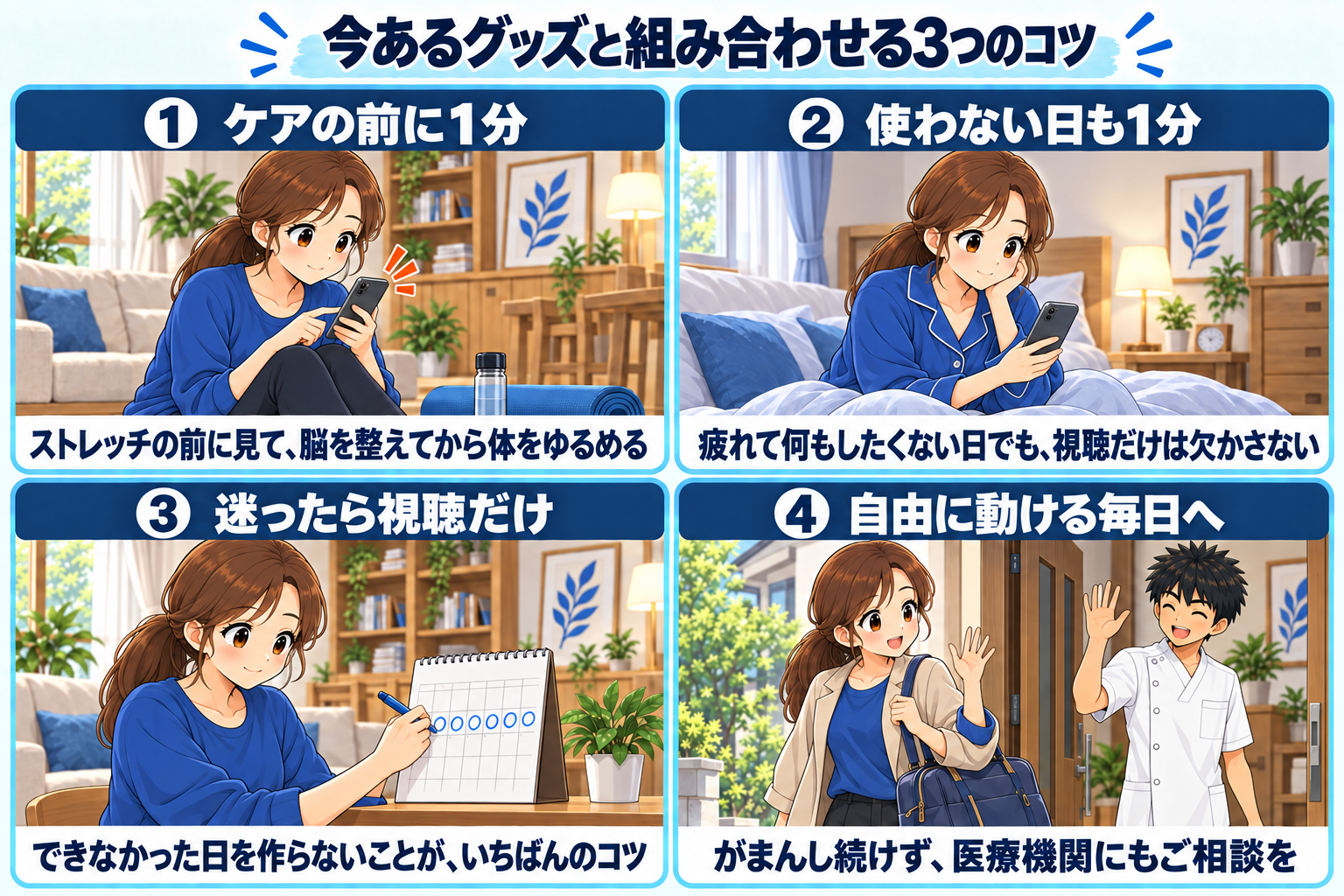 今あるセルフケアグッズと1日1分の視聴を組み合わせる3つのコツを4コマで示した図