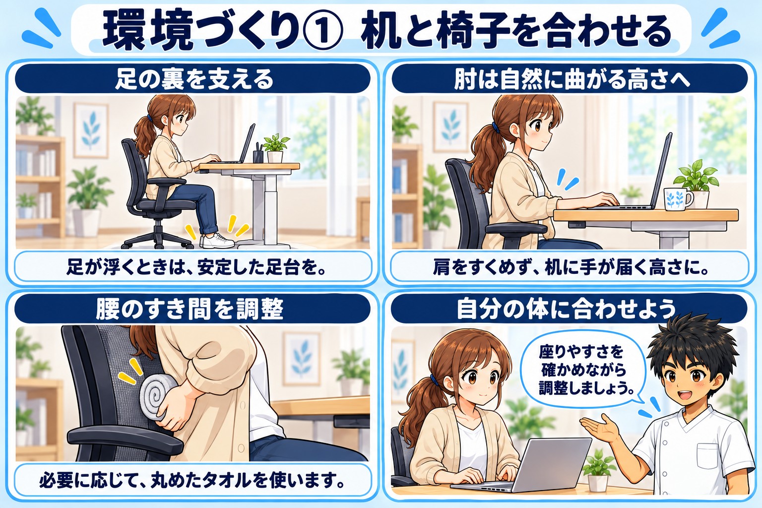 環境づくり①机と椅子を合わせる図。足の裏を支える(足が浮くときは安定した足台を)、肘は自然に曲がる高さへ(肩をすくめず机に手が届く高さに)、腰のすき間を調整(必要に応じて丸めたタオルを使う)、自分の体に合わせて座りやすさを確かめながら調整する