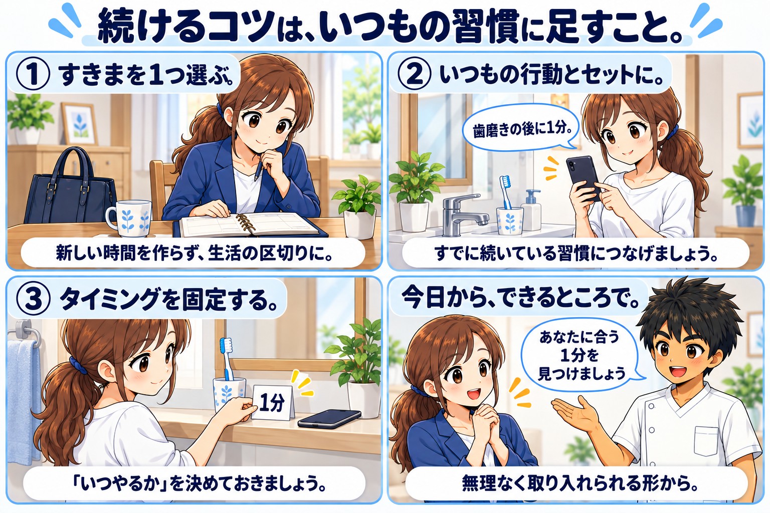 続けるコツは、いつもの習慣に足すことを示した図。①すきまを1つ選ぶ(新しい時間を作らず生活の区切りに)②いつもの行動とセットに(すでに続いている習慣につなげる)③タイミングを固定する(いつやるかを決めておく)。無理なく取り入れられる形から始める