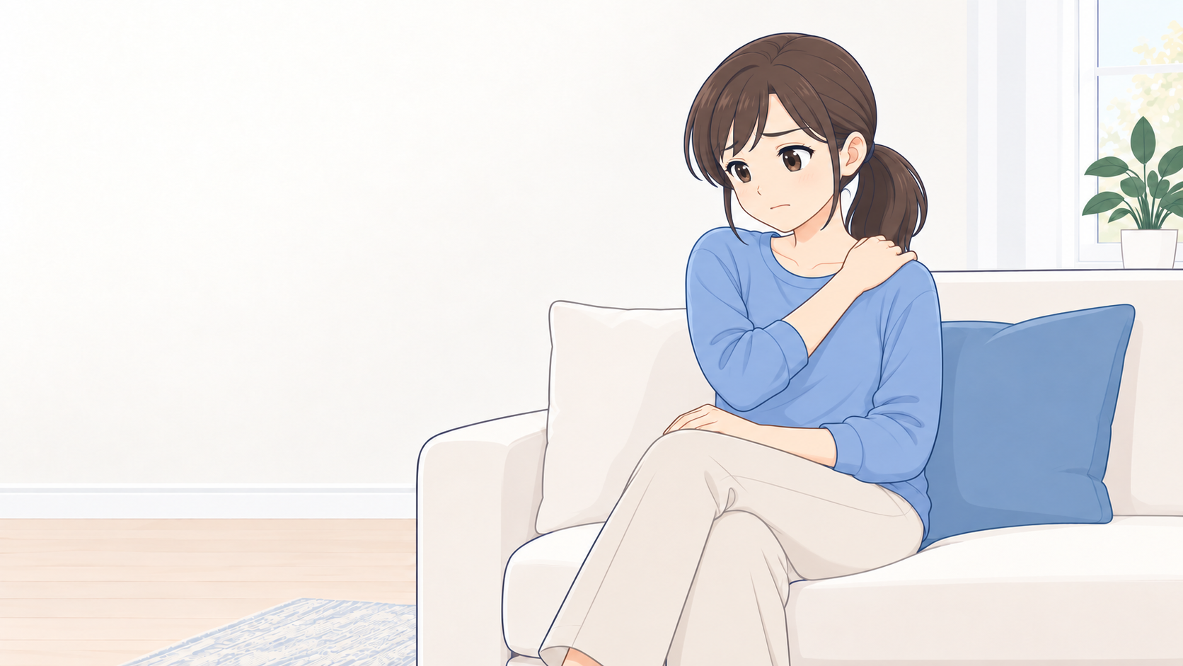 ソファに座り、肩の不調を気にして肩を押さえる女性のイラスト